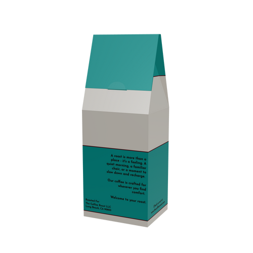 Back of The Coffee Roost Brazil Single Origin 12 oz coffee bag showing product information and teal geometric packaging.