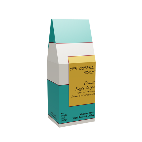 12 oz bag of The Coffee Roost Brazil Single Origin medium roast coffee with gold, teal, brown, and warm-cream geometric packaging.