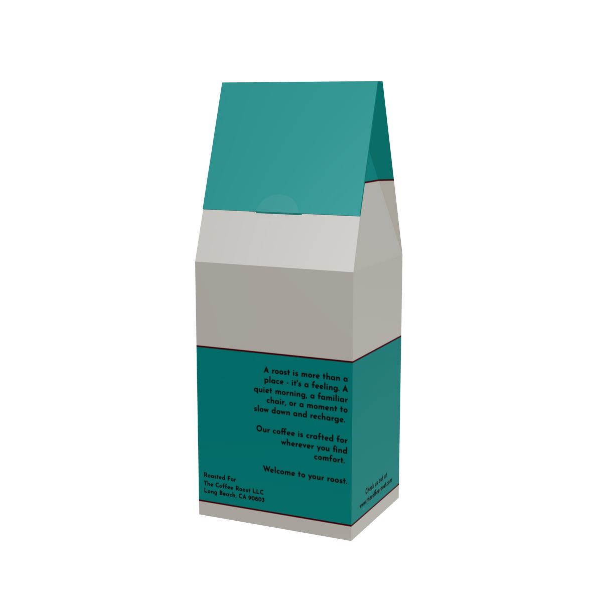 Back of The Coffee Roost Peru Single Origin 12 oz coffee bag showing product information and teal geometric packaging.
