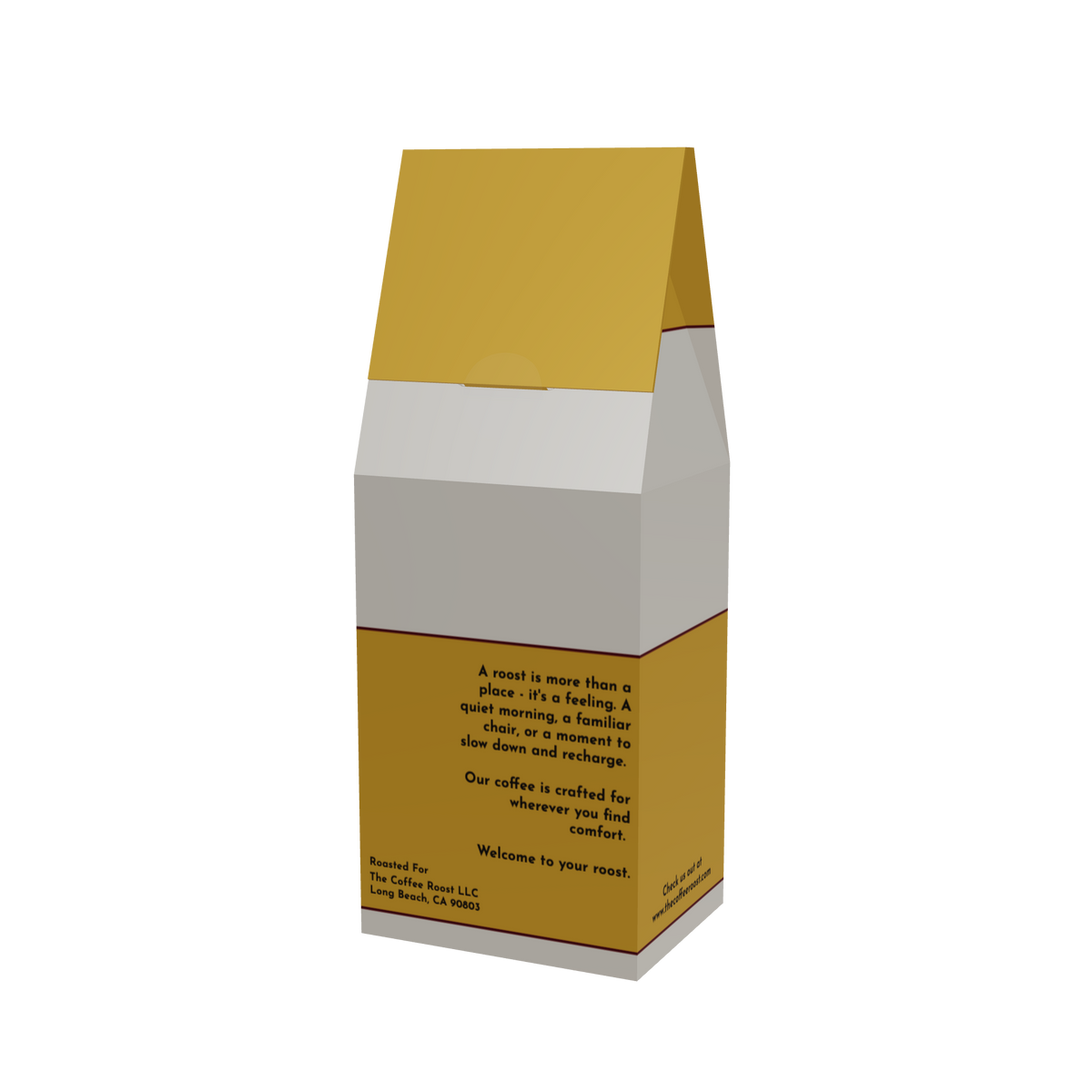 Back of The Coffee Roost, Roost Blend 12 oz coffee bag showing product information and gold geometric packaging.