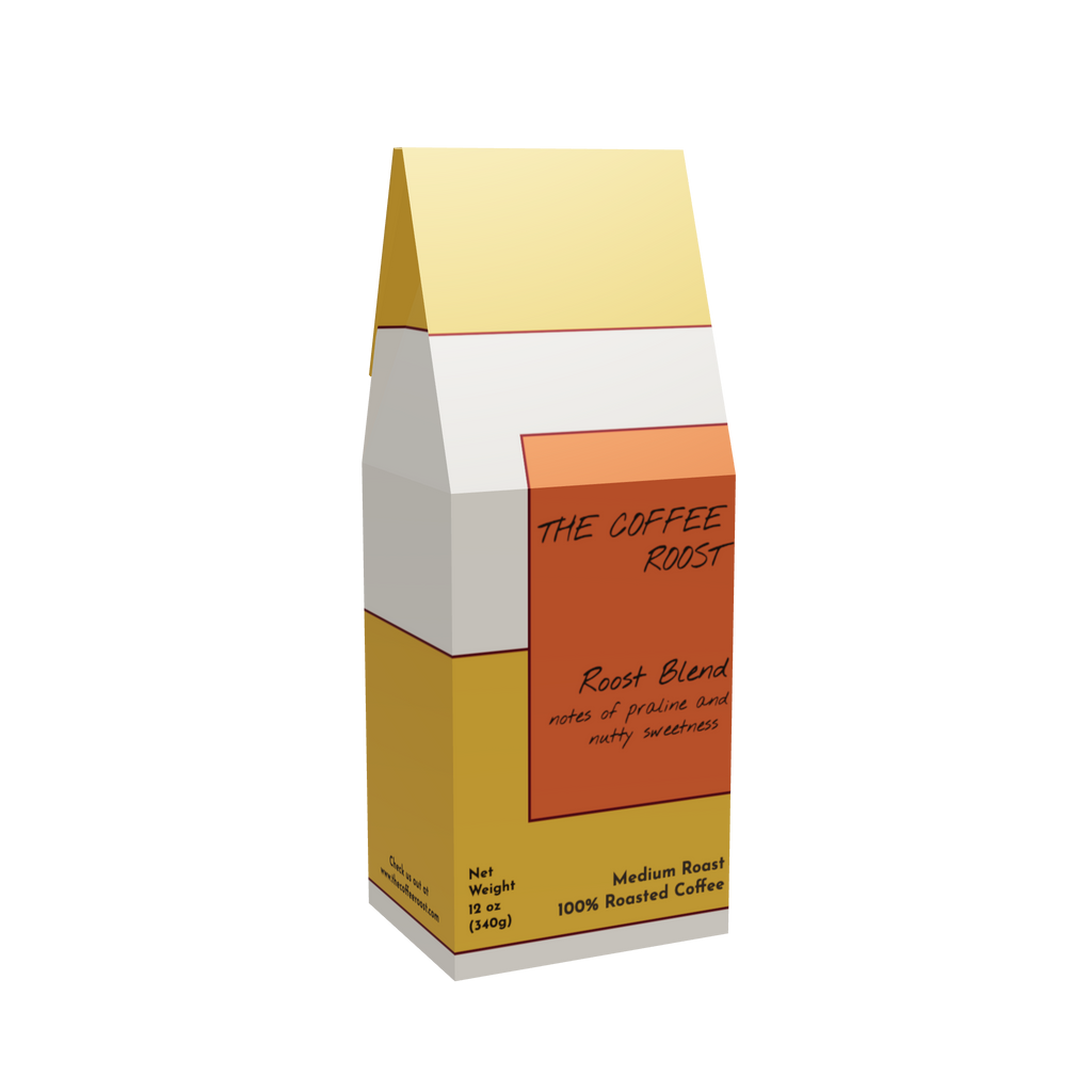 12 oz bag of The Coffee Roost, Roost Blend medium roast coffee with gold, orange, brown, and warm-cream geometric packaging.