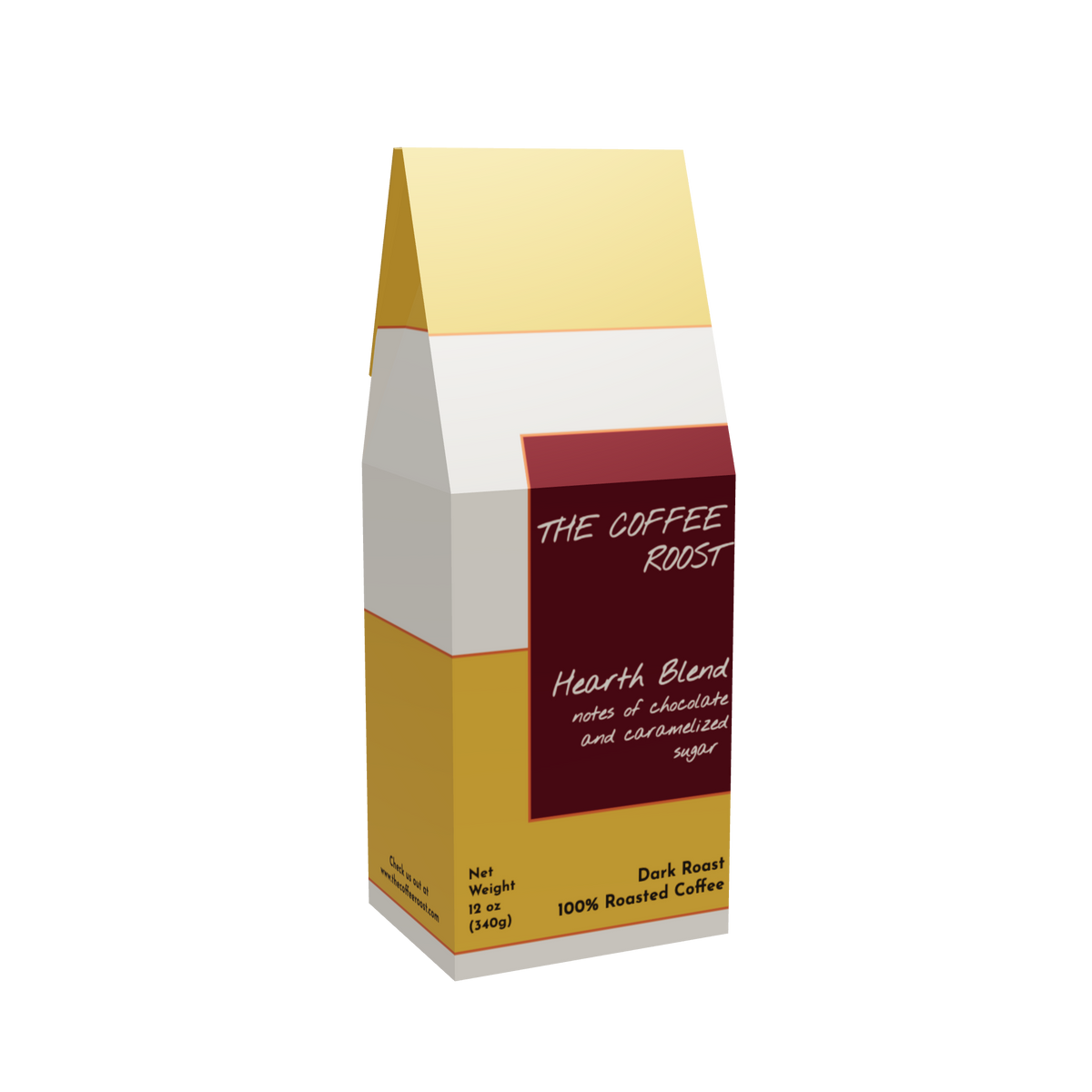 12 oz bag of The Coffee Roost Hearth Blend dark roast coffee with gold, burgundy, brown, and warm-cream geometric packaging.