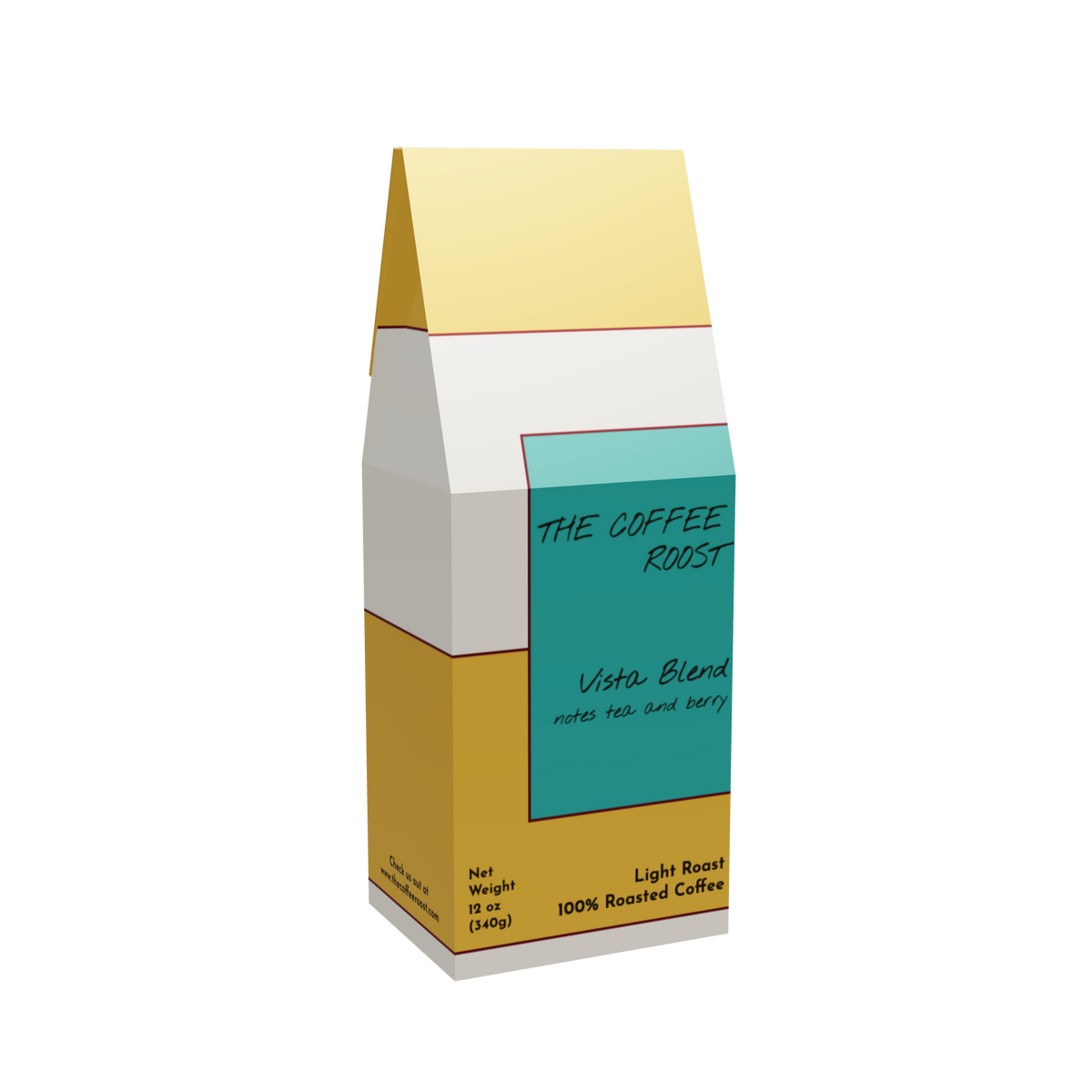 12 oz bag of The Coffee Roost Vista Blend light roast coffee with gold, teal, brown, and warm-cream geometric packaging.